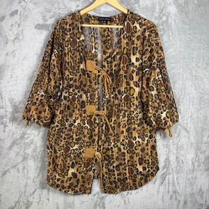 Ronnie Salloway Cardigan Animal Print XL Lightweight Tie Front Brown Womens Boho